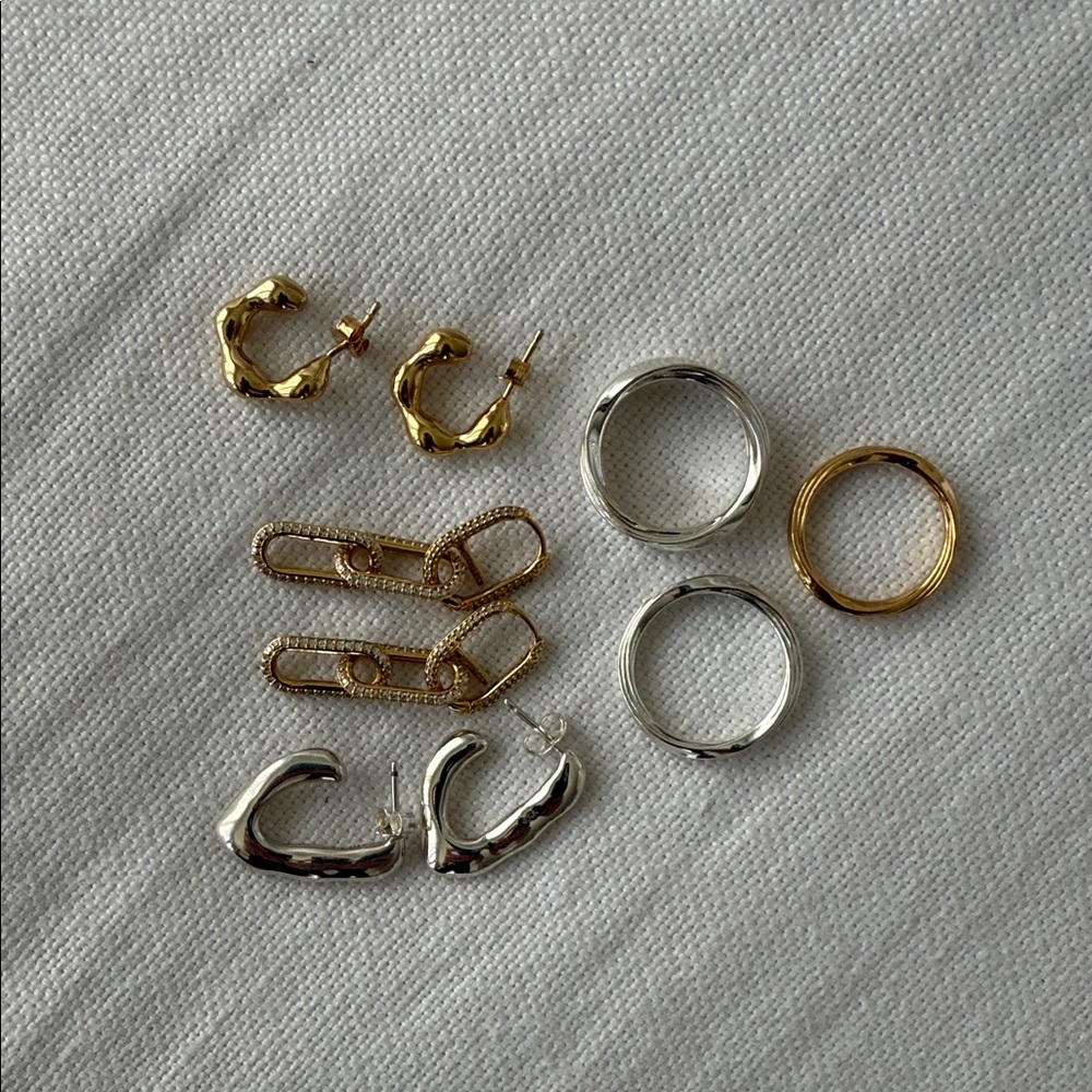 Pandora Elegant Gold and Silver Earrings and Rings Set